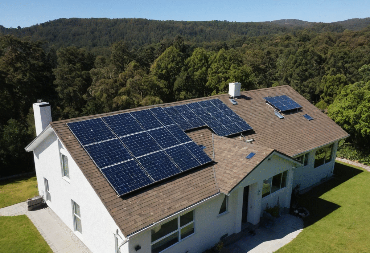 solar panels on a big roof with chimney
