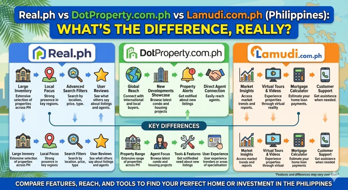 An image depicting Real.ph vs DotProperty.com.ph vs Lamudi.com.ph (Philippines) What’s the Difference, Really